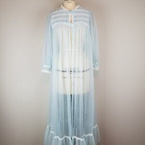 Vintage 1950's Baby Blue Sheer Peignoir w/ Tiny Lace Trim by Gaymode ~ Small